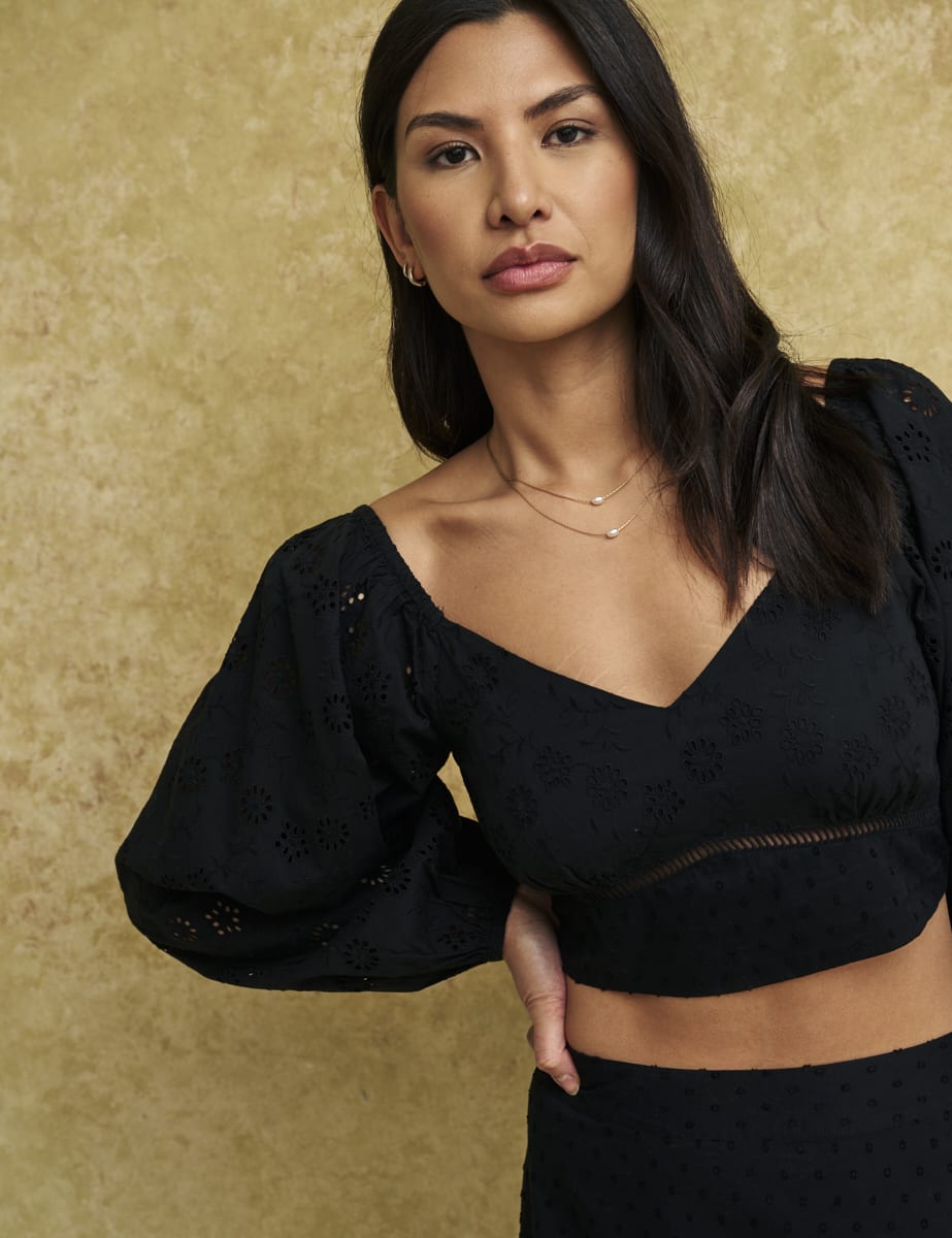 Black Cropped Broderie Balloon Sleeve Top