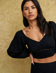 Black Cropped Broderie Balloon Sleeve Top