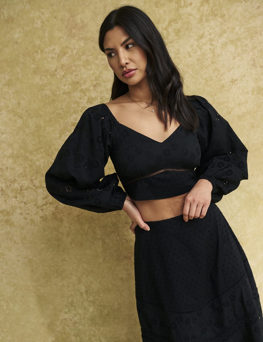 Black Cropped Broderie Balloon Sleeve Top