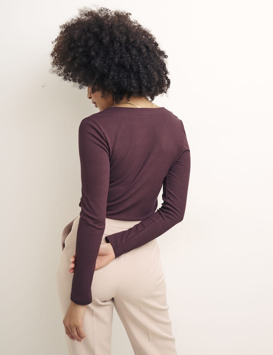 Brown Long Sleeve Button Through Top