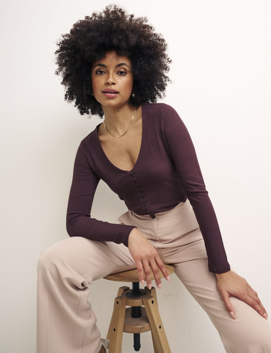 Brown Long Sleeve Button Through Top