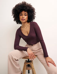 Brown Long Sleeve Button Through Top