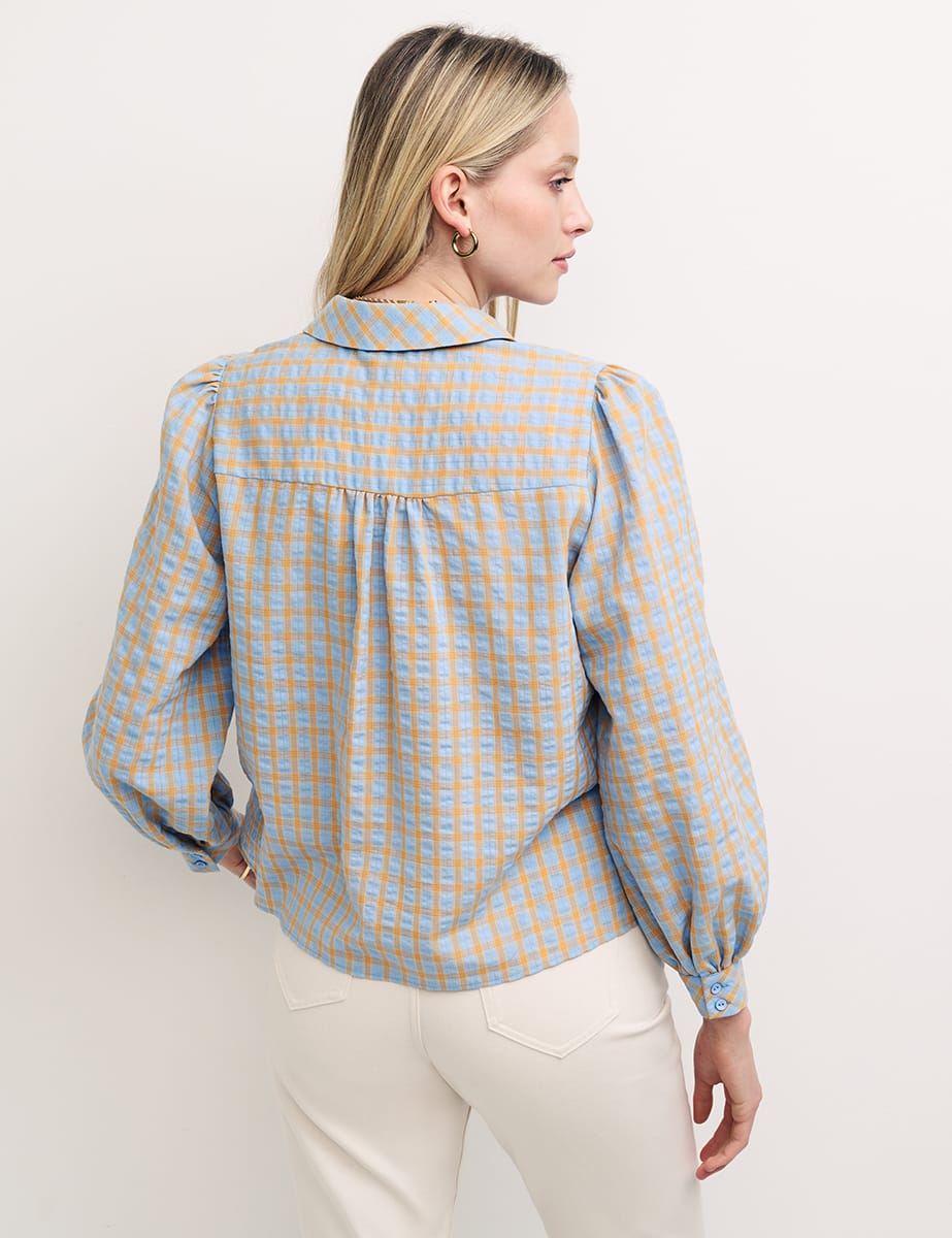 Blue & Orange Check Puff Sleeve Shirt