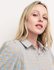 Blue & Orange Check Puff Sleeve Shirt
