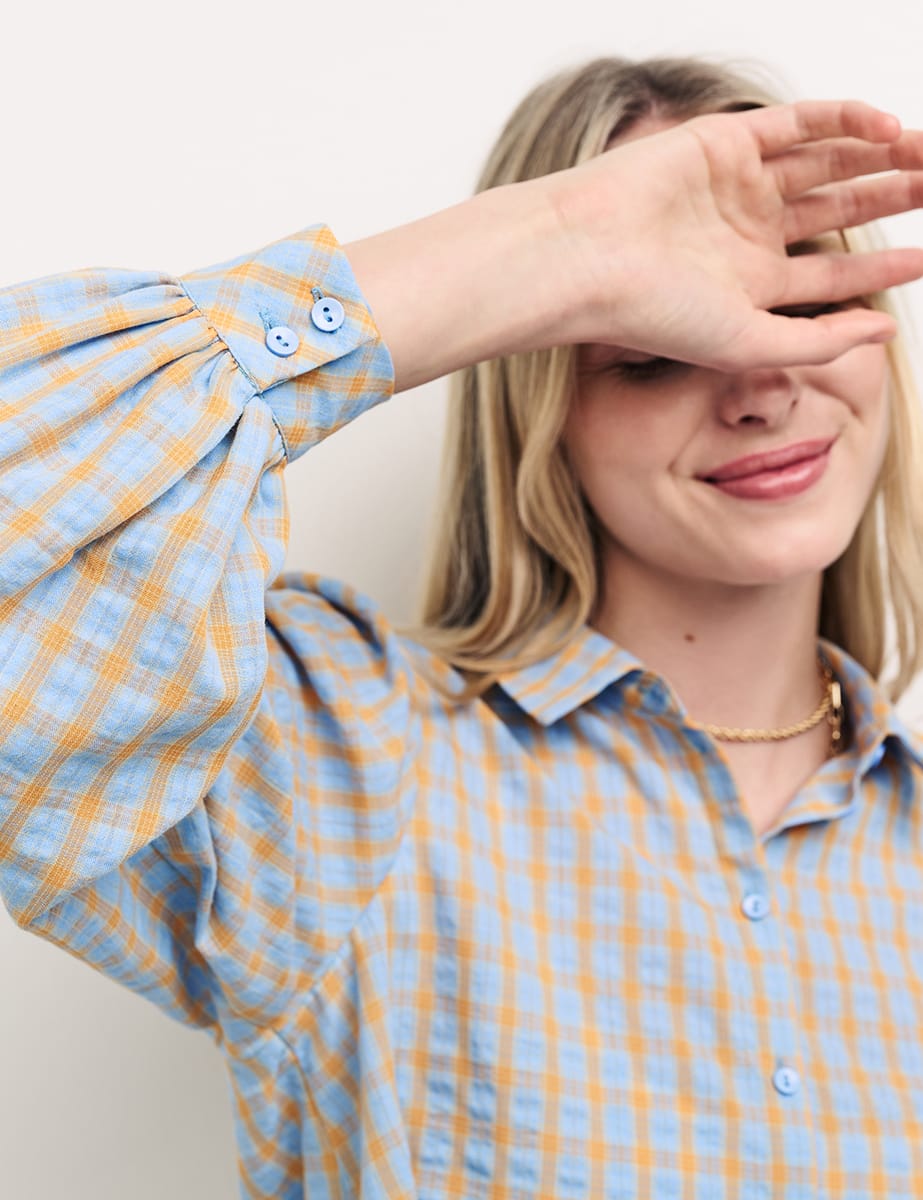 Blue & Orange Check Puff Sleeve Shirt