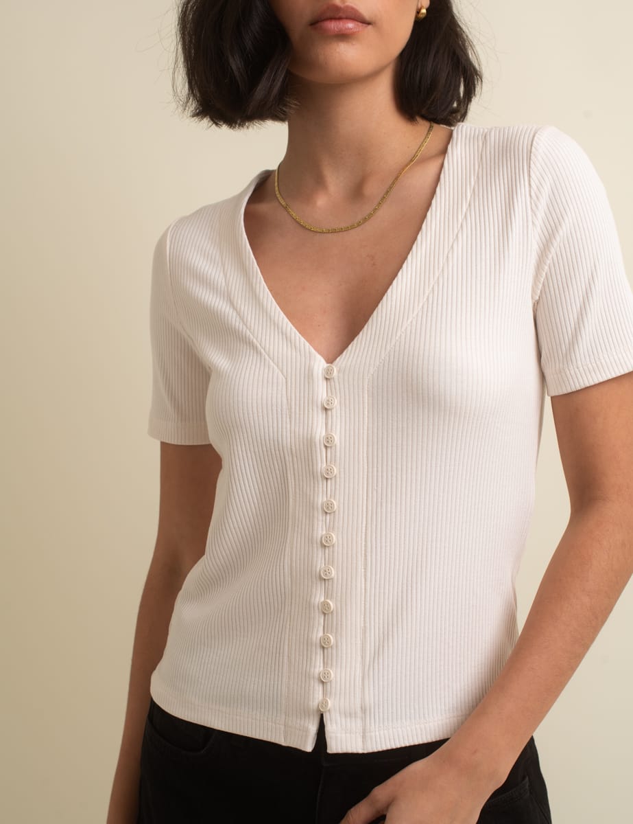 Cream Short Sleeve Button Through Top
