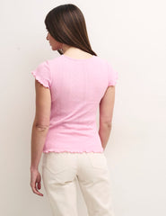 Pink Pointelle V Neck T-Shirt