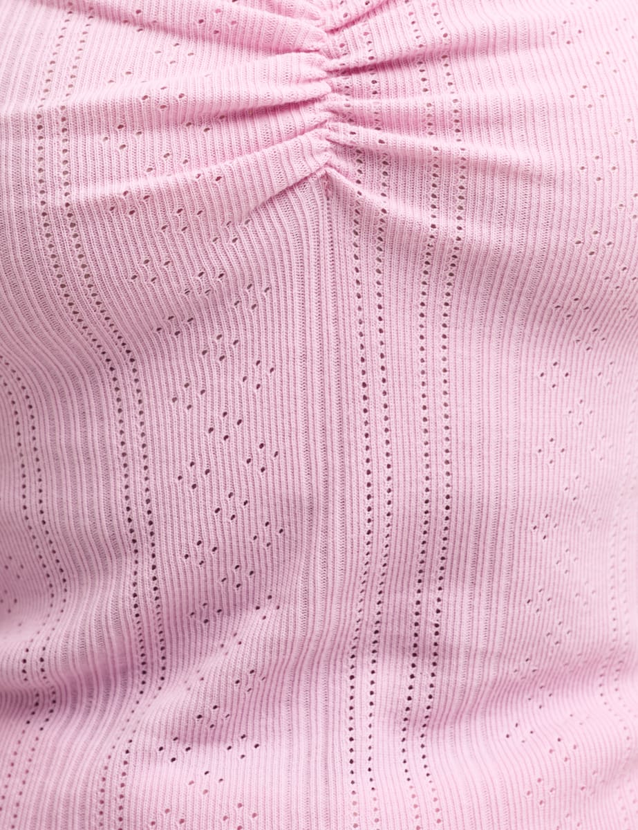 Pink Pointelle V Neck T-Shirt