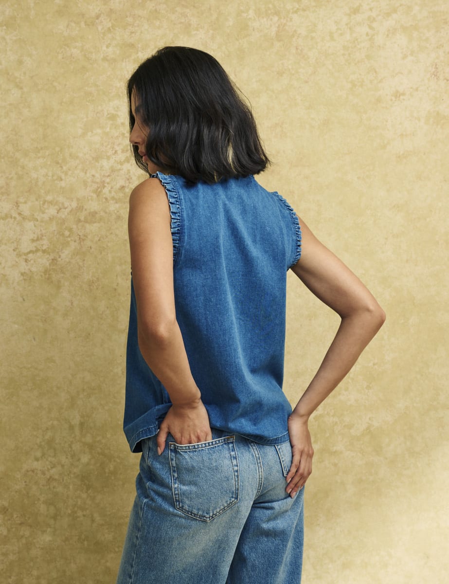 Denim Frill Detail Sleeveless Blouse