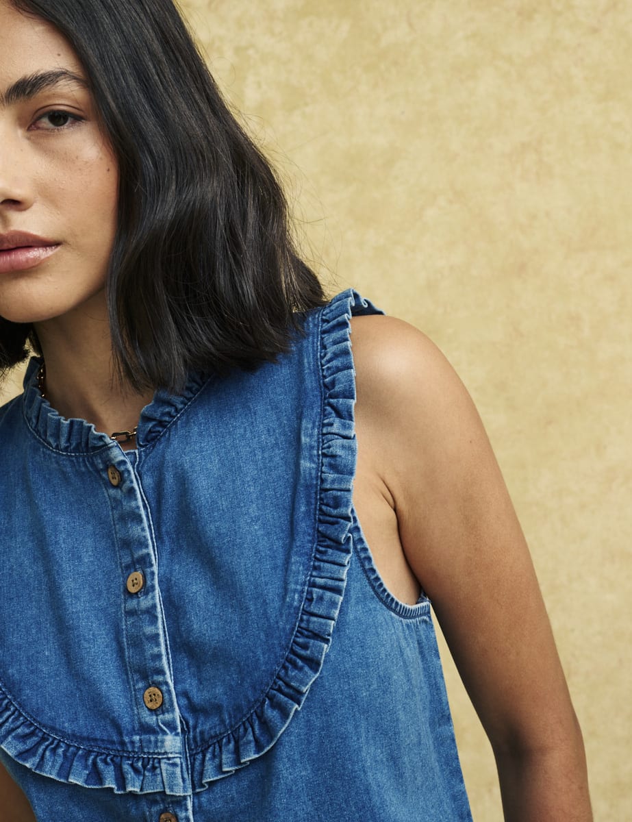 Denim Frill Detail Sleeveless Blouse