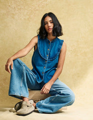 Denim Frill Detail Sleeveless Blouse