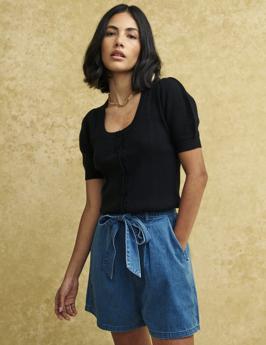 Black Cable Knit Short Sleeve Cardigan