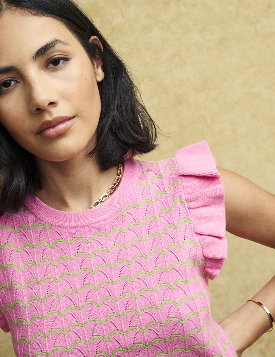 Pink Ruffle Shoulder Knitted Tank Top