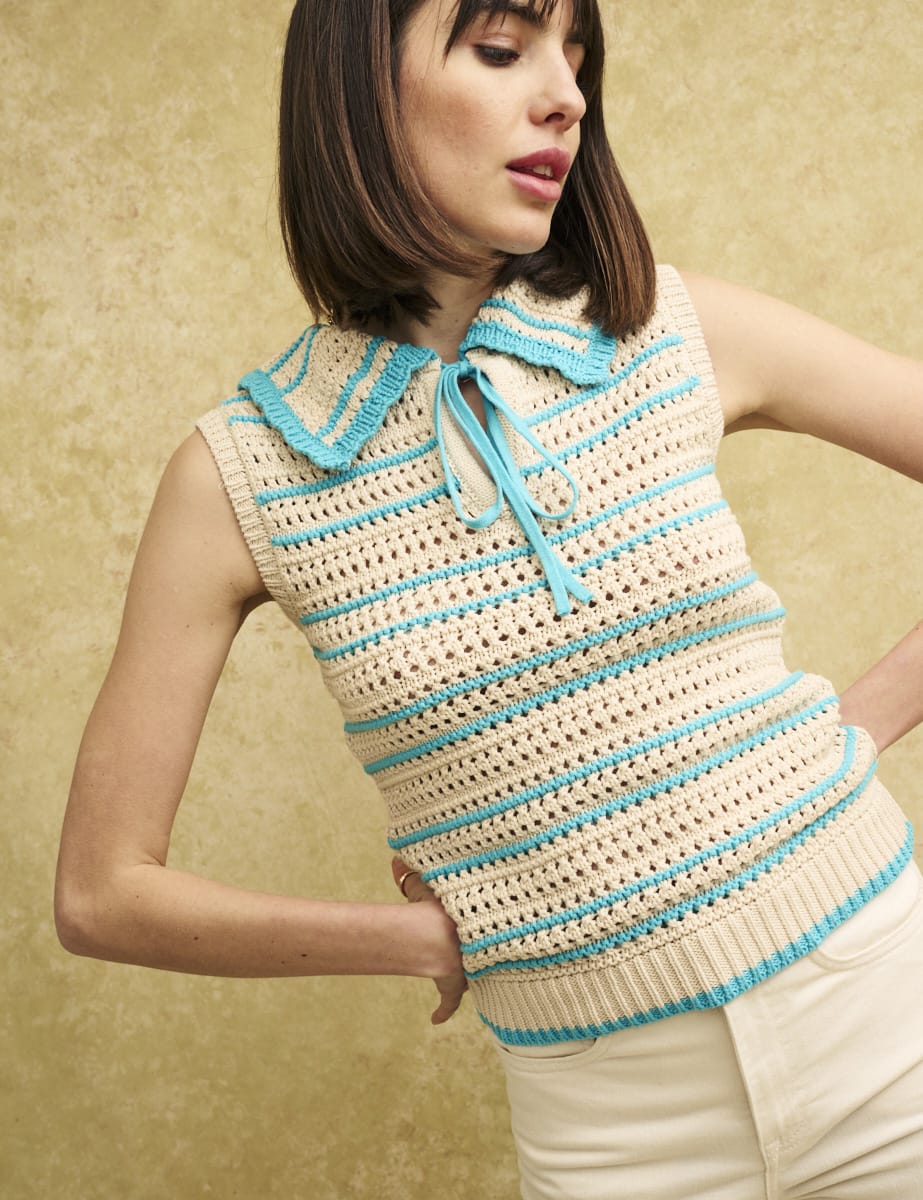 Blue and Cream Stripe Peter Pan Collar Mock-Crochet Top
