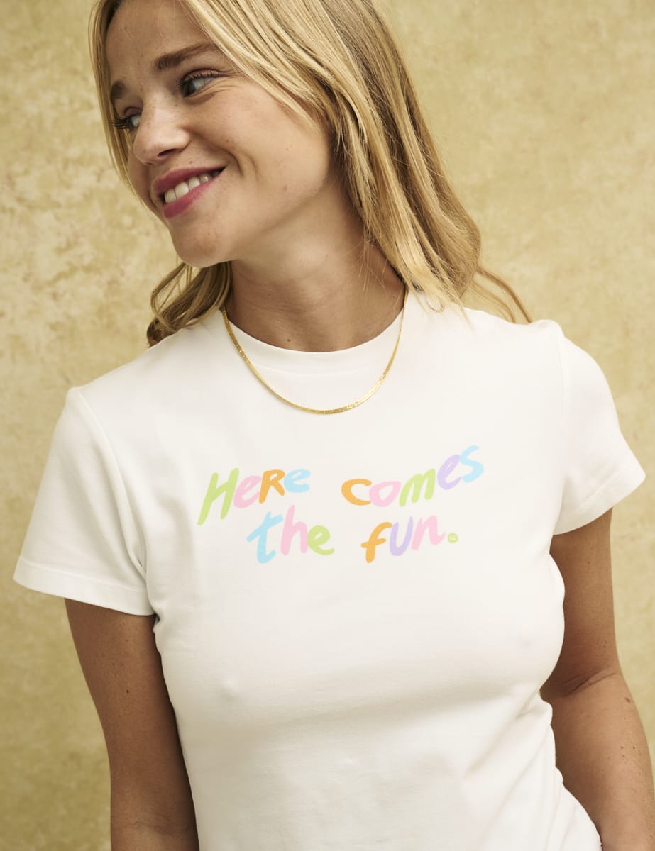 White Graphic Large Slogan Baby Tee