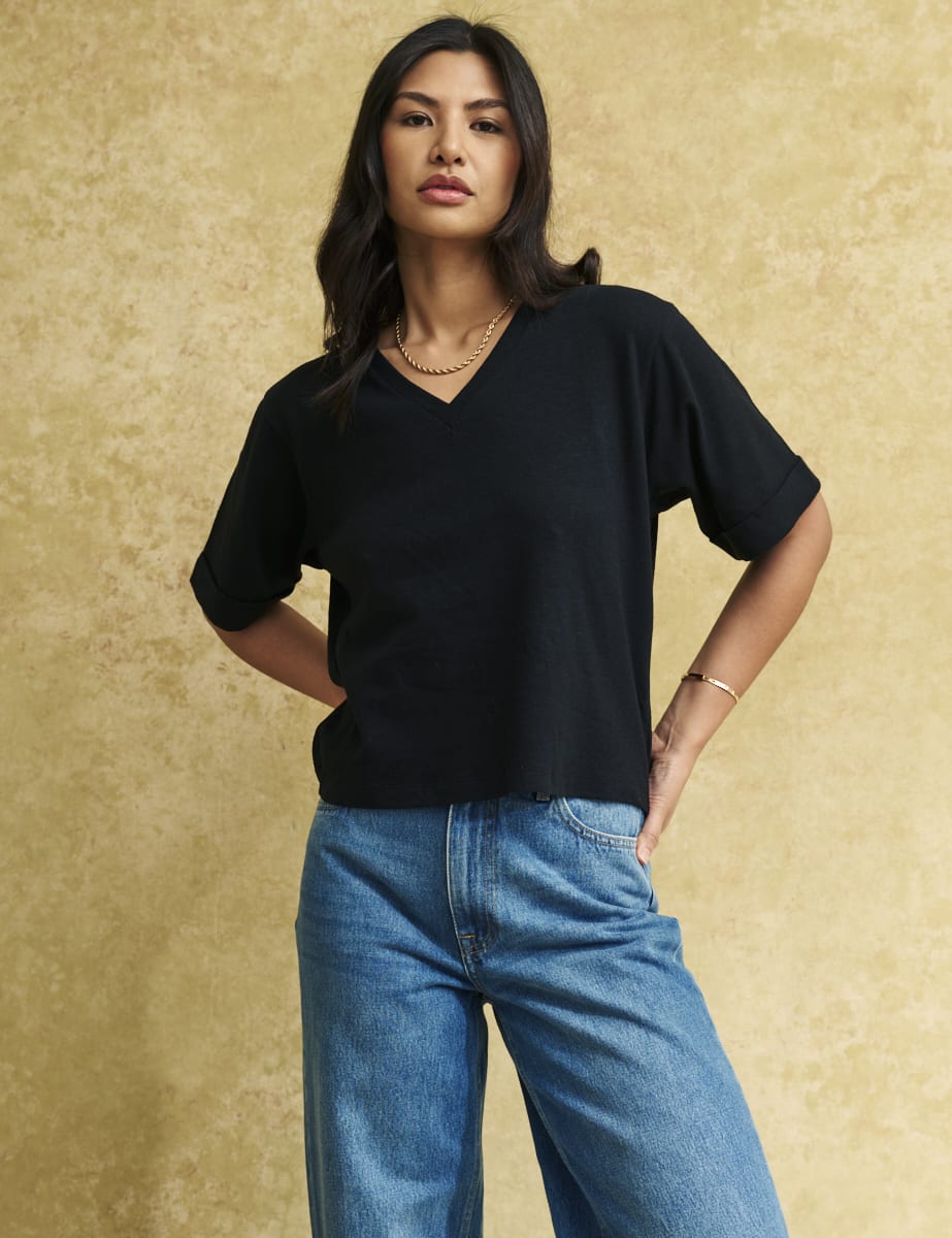 Black Linen-blend V-Neck T-Shirt