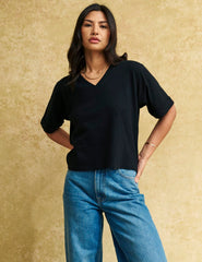 Black Linen-blend V-Neck T-Shirt
