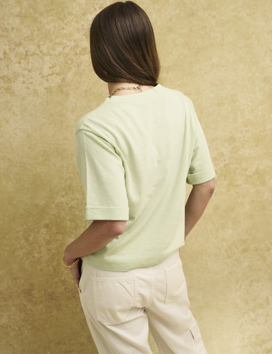 Green Linen-blend V-Neck T-Shirt