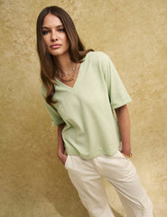 Green Linen-blend V-Neck T-Shirt