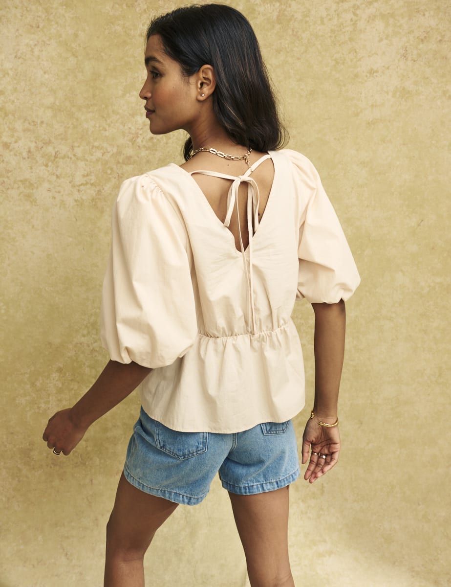 Beige V-Neck Puff Sleeve Vienna Blouse