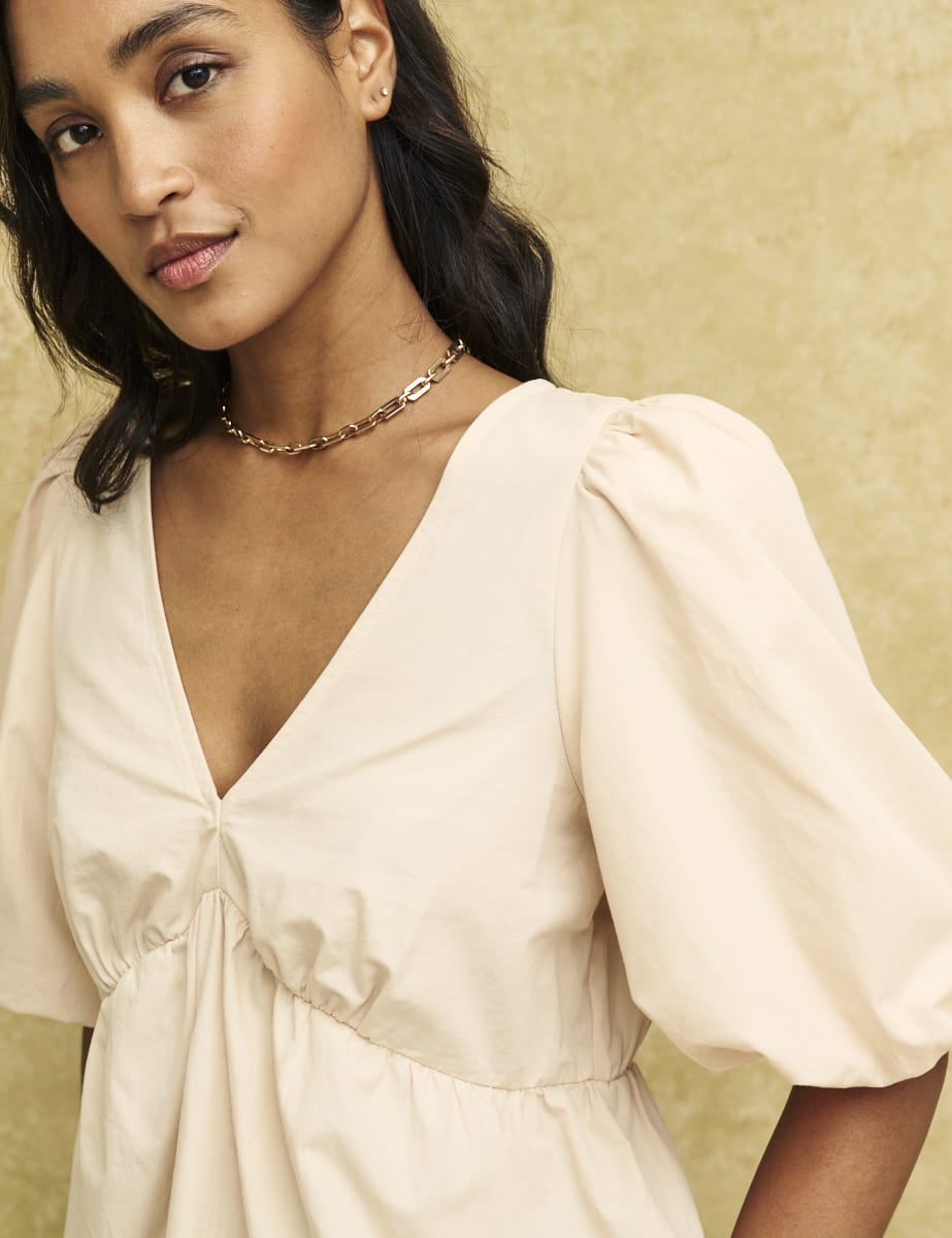 Beige V-Neck Puff Sleeve Vienna Blouse