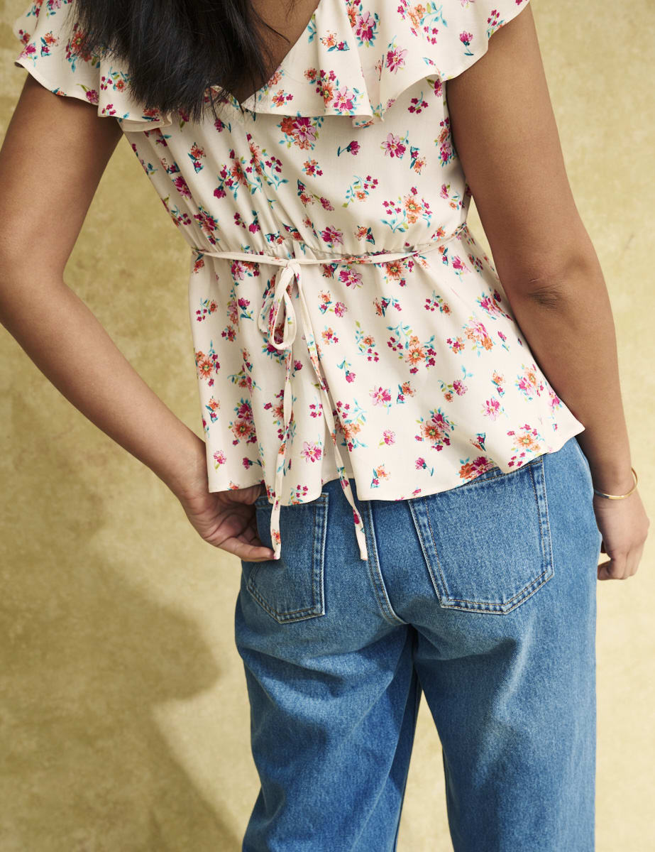 White Floral Flutter Sleeve Top