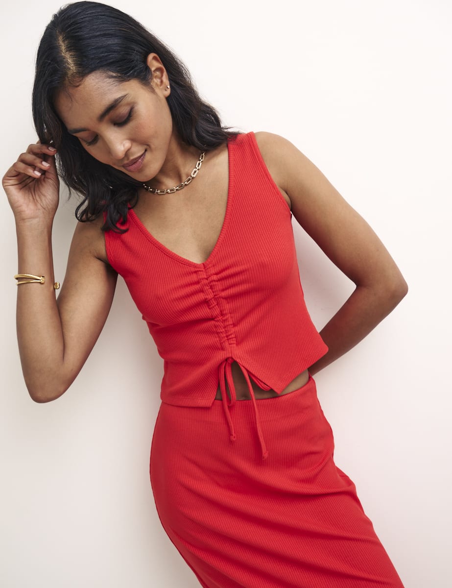 Red Ruched Slit Crop Top