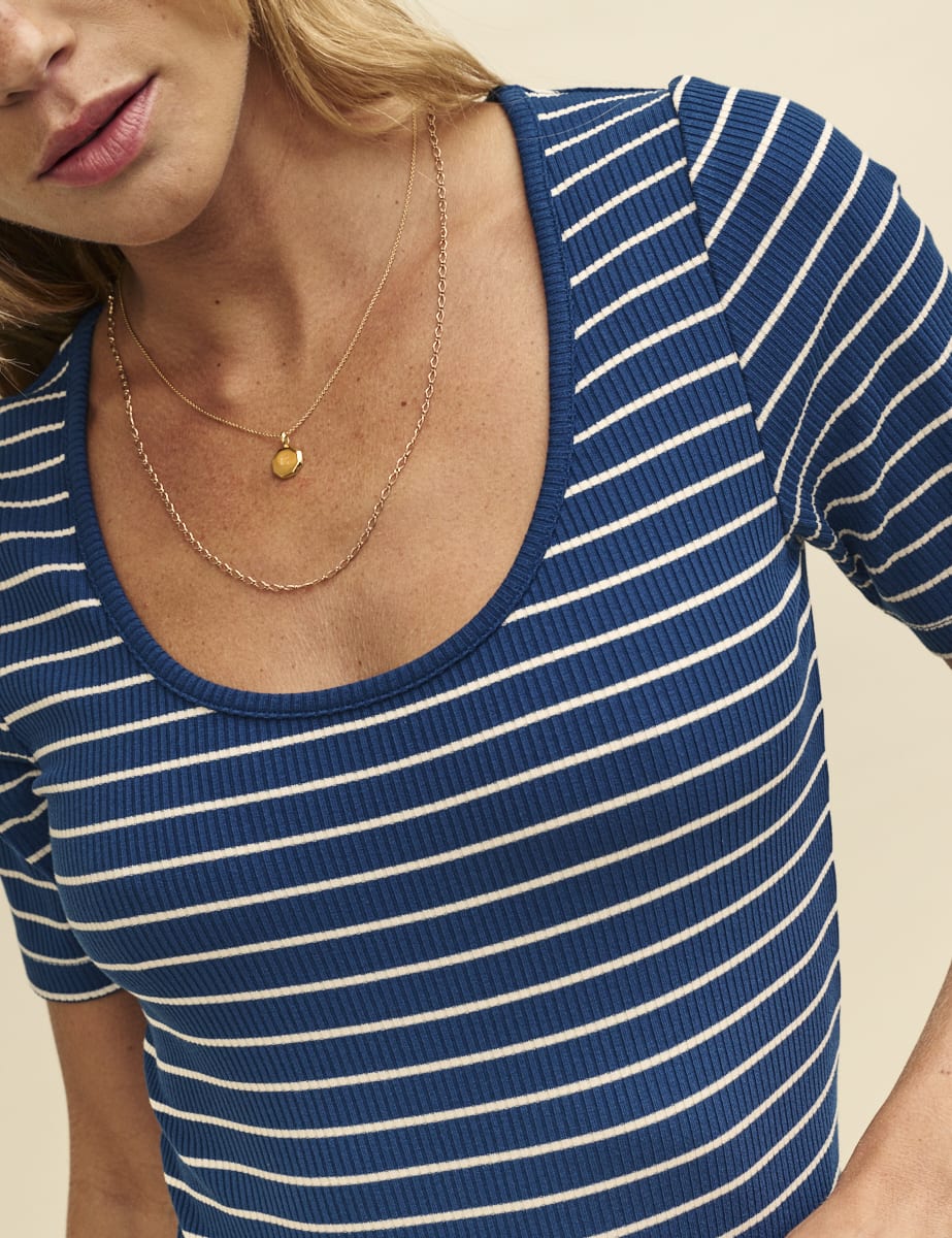 Blue & White Stripe Scoop Neck Top