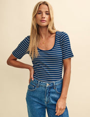 Blue & White Stripe Scoop Neck Top