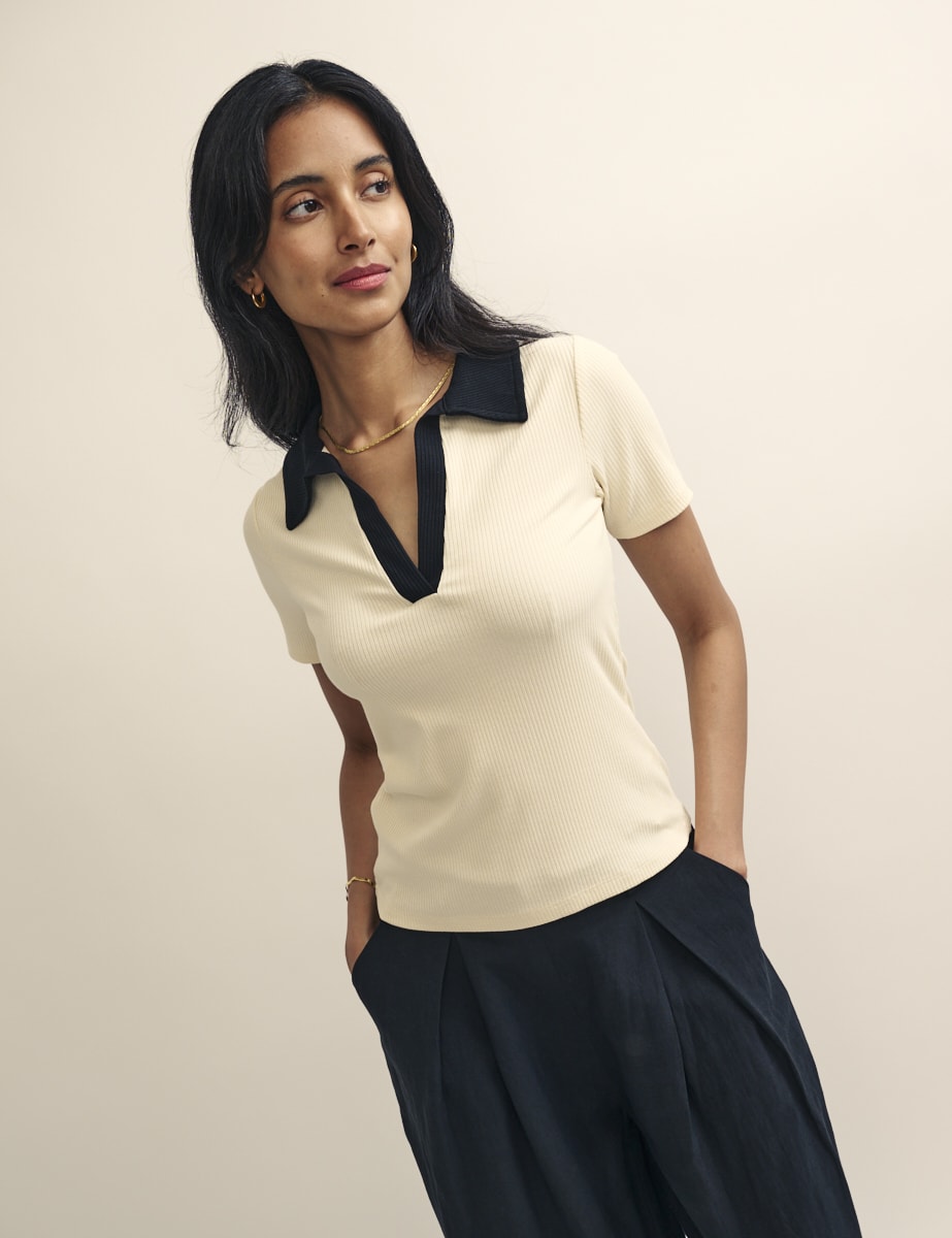 Cream With Black Collar Polo Top