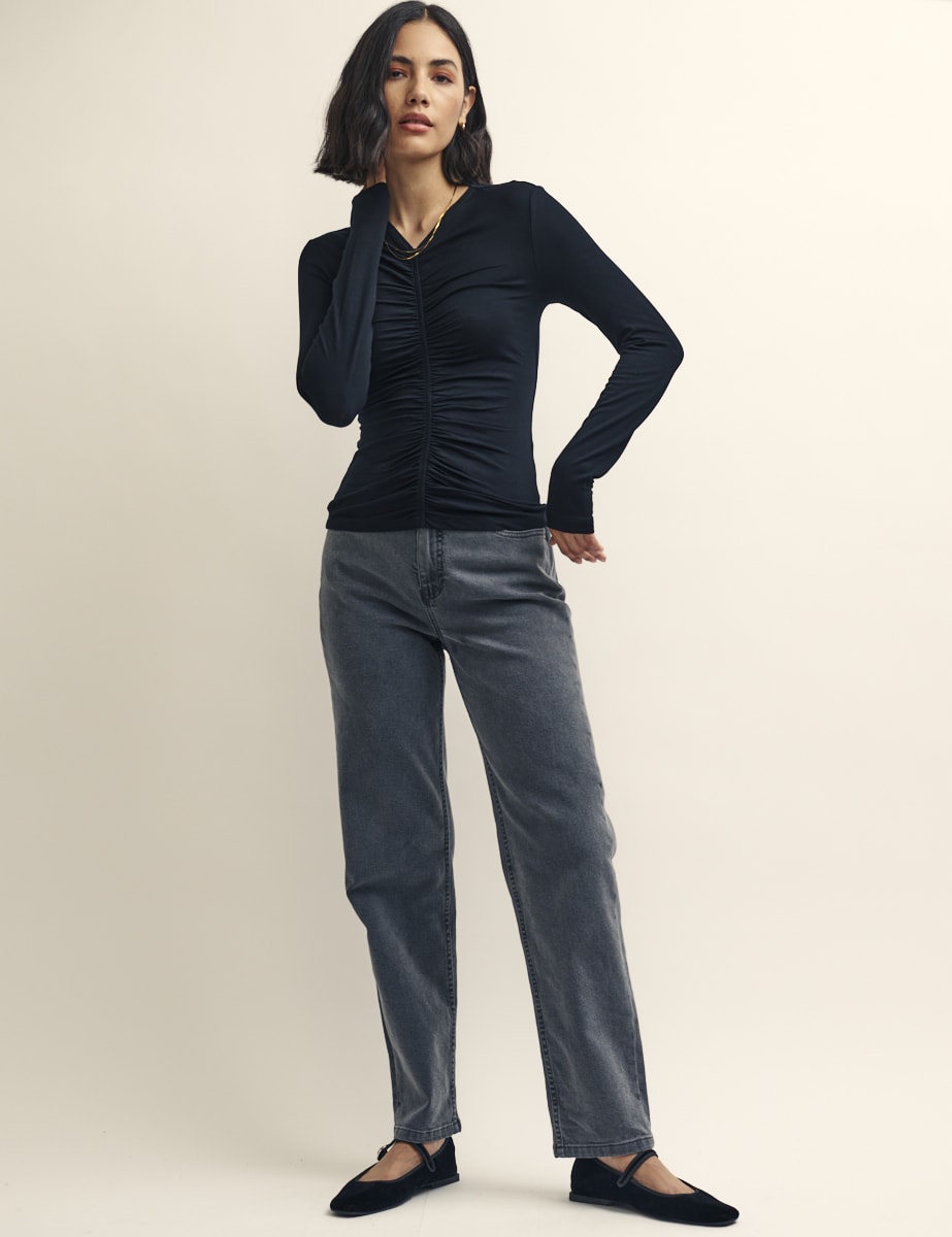 Black Ruched Long Sleeve Top