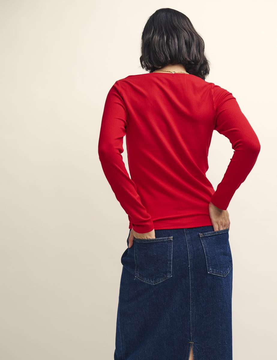 Red Long Sleeve Slash Neck Top