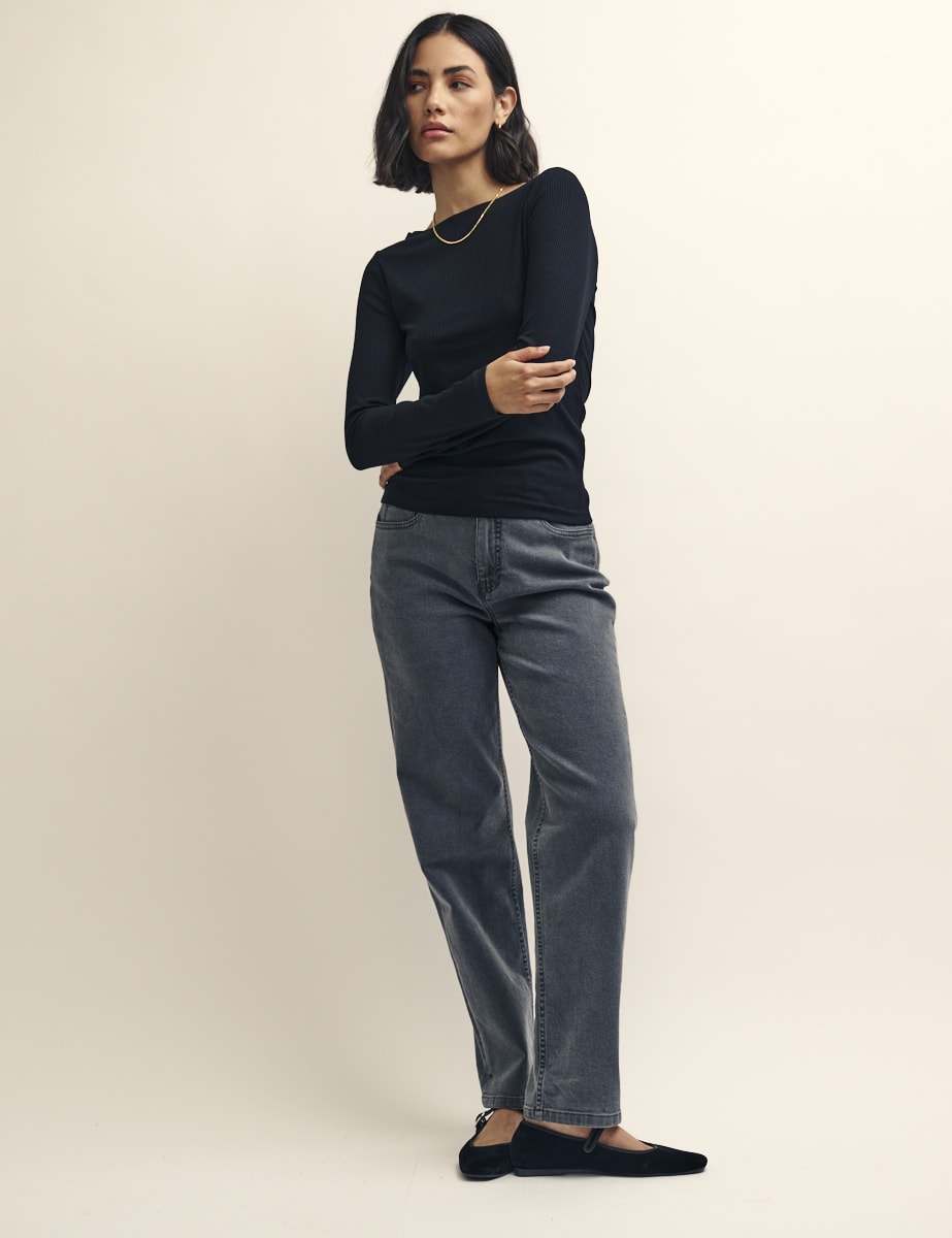 Black Long Sleeve Slash Neck Top