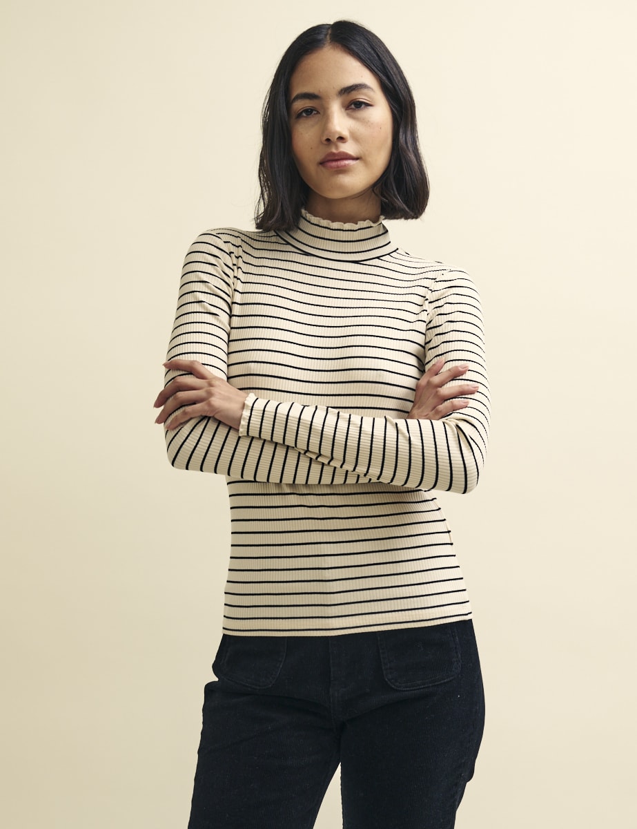 Black and Cream Stripe Funnel Neck Lizzie Top