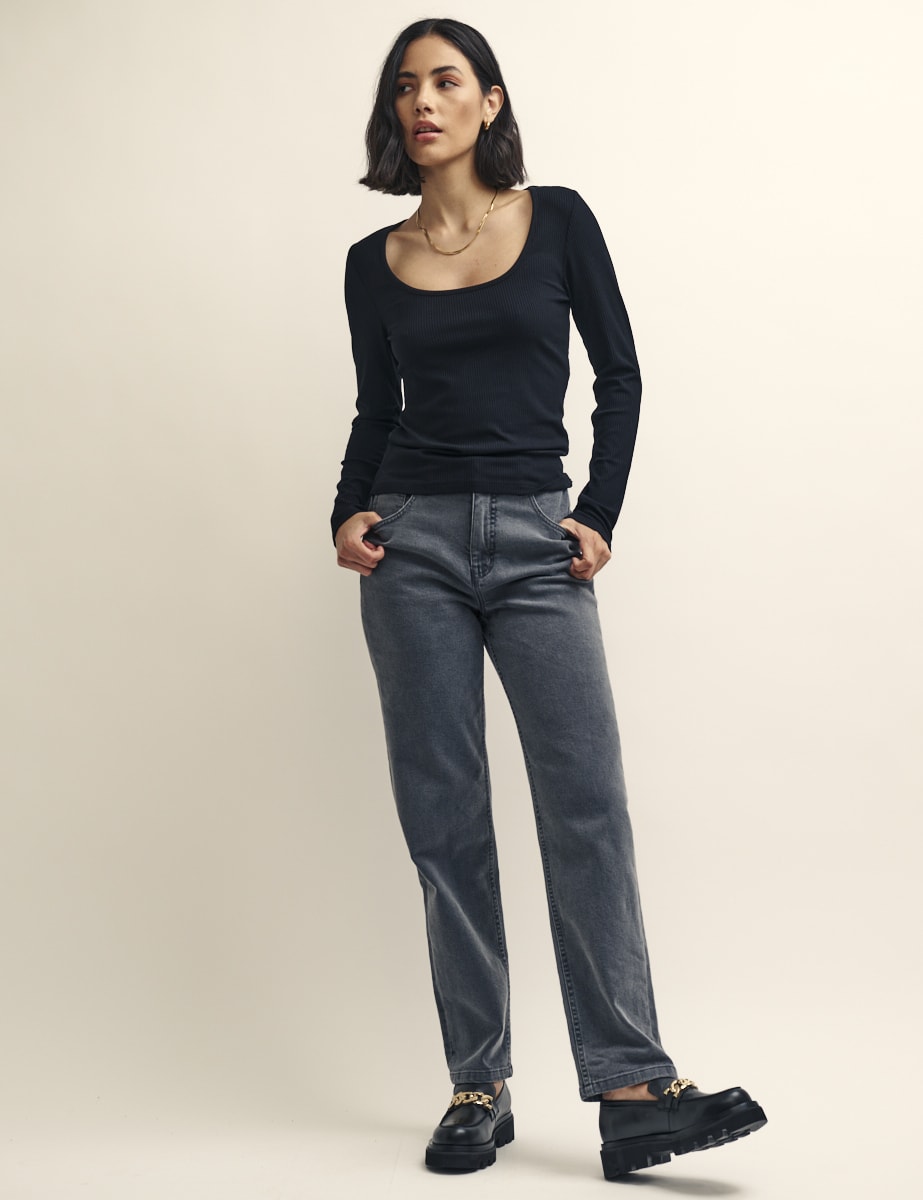 Black Long Sleeve Scoop Neck Top