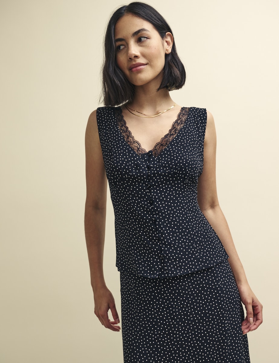 Black Spot Print Lace Detail Cami Top