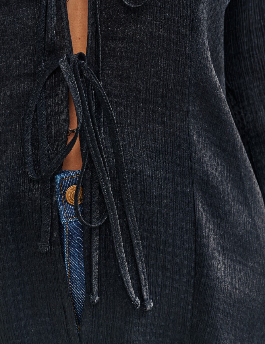 Black Plisse Tie Front Shirt