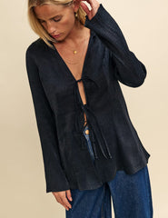 Black Plisse Tie Front Shirt