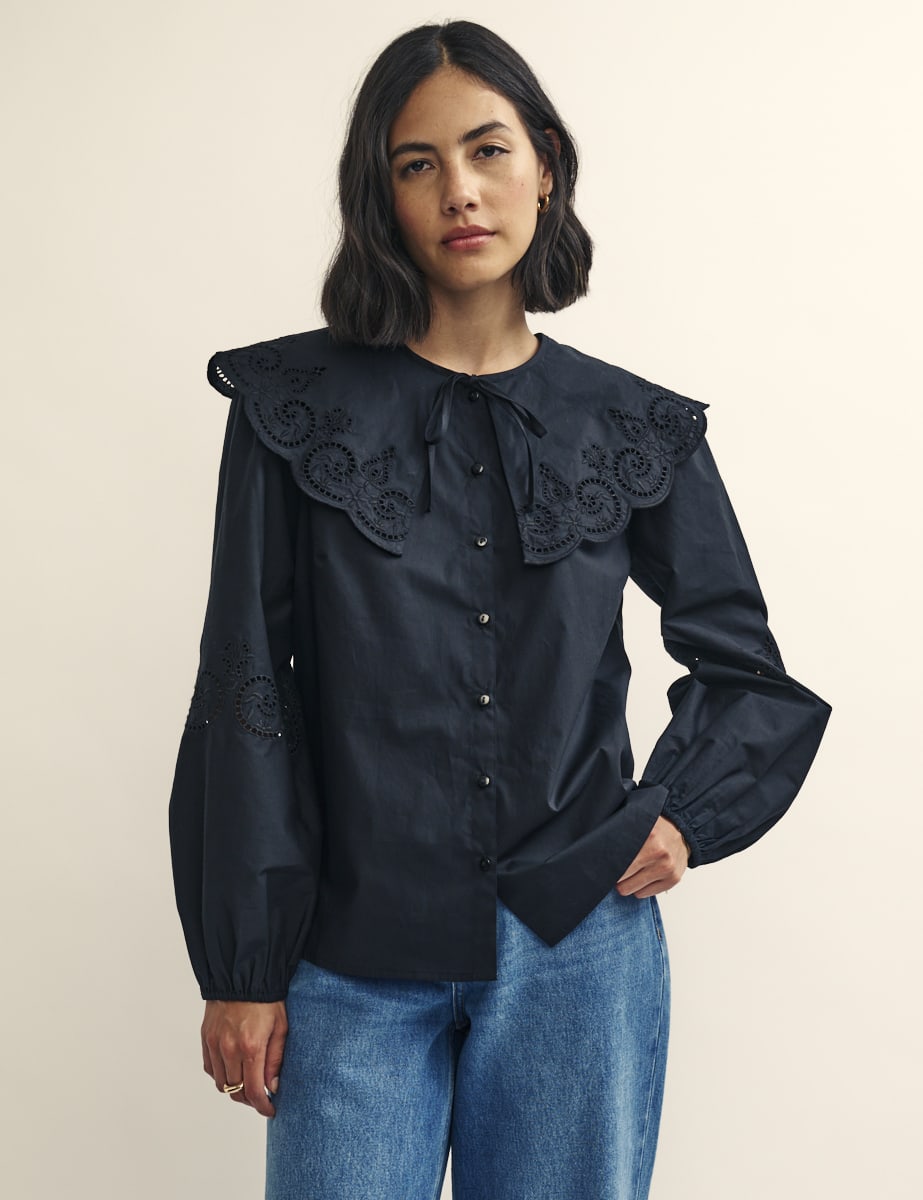 Black Broderie Collar Detail Shirt