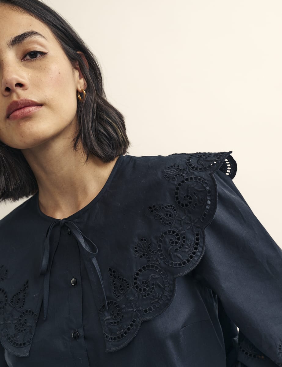 Black Broderie Collar Detail Shirt