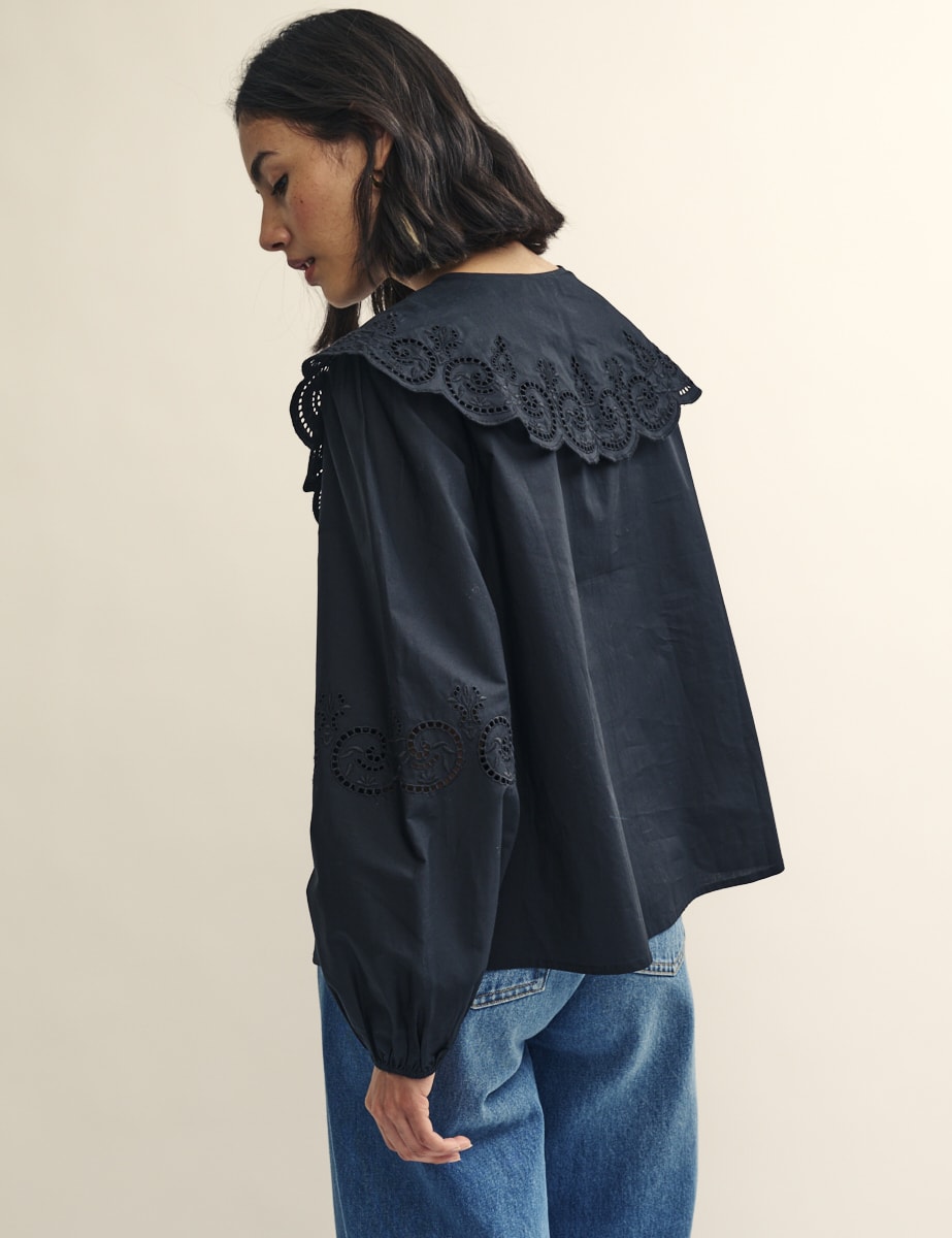 Black Broderie Collar Detail Shirt