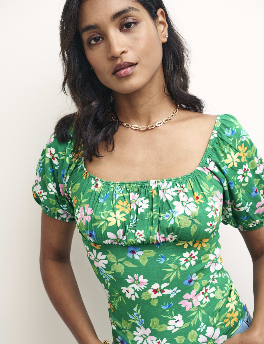 Green Floral Ruched Bodice Jersey Top