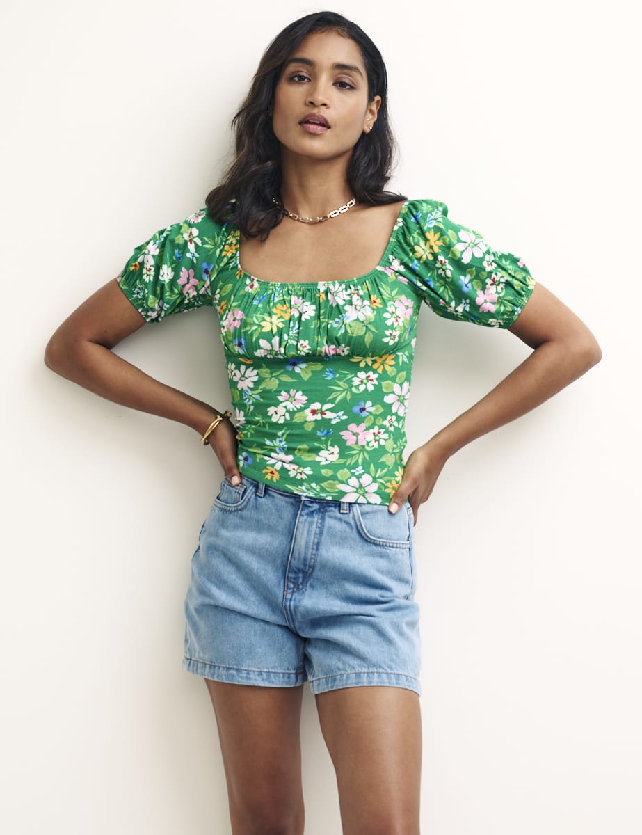 Green Floral Ruched Bodice Jersey Top