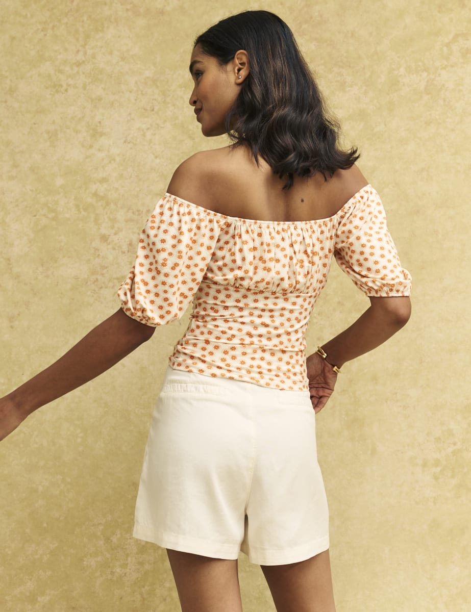 White Ditsy Floral Ruched Bodice Jersey Top