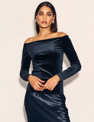 Black Velvet Long Sleeve Bardot Top