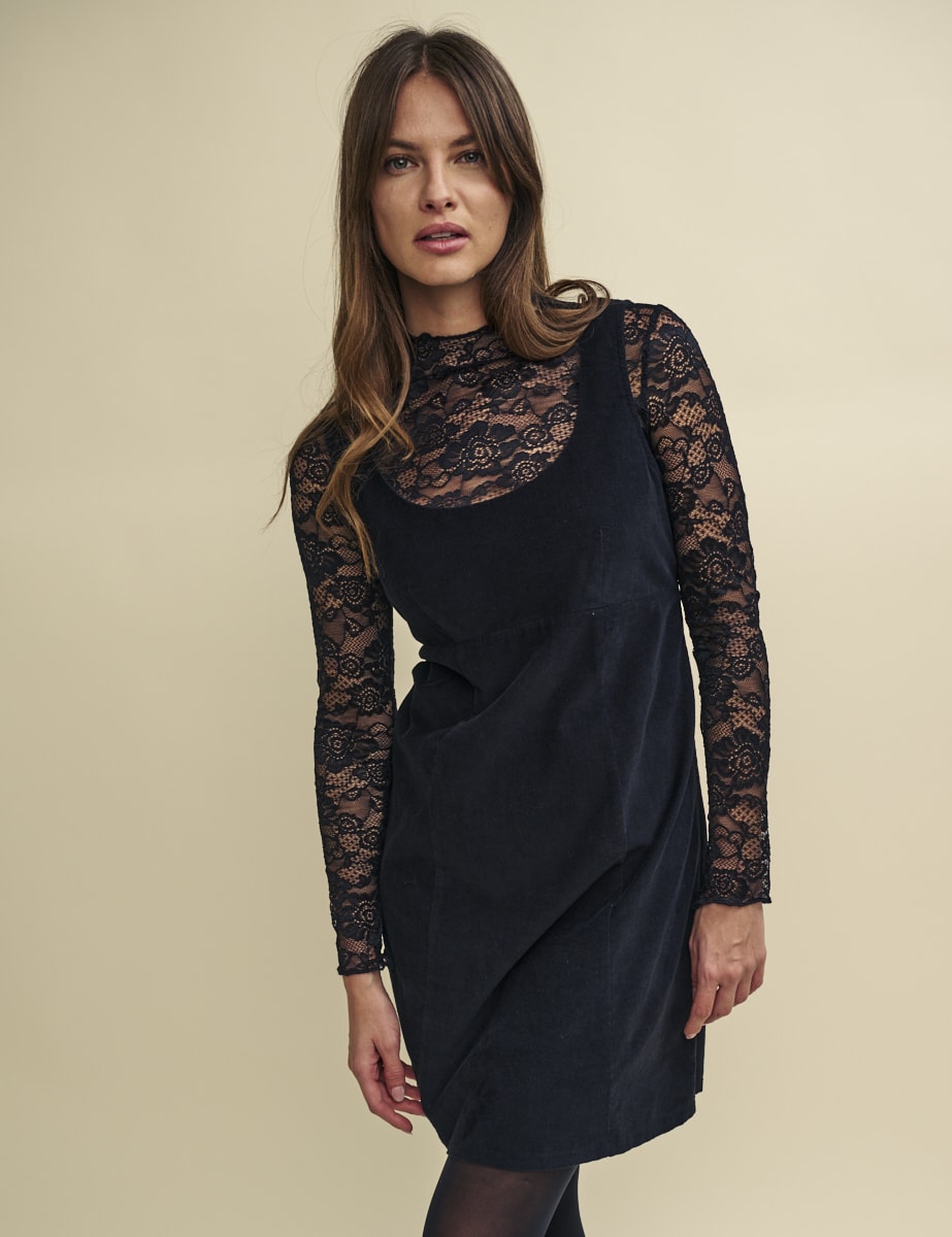 Black Lace Long Sleeve Funnel Neck Top