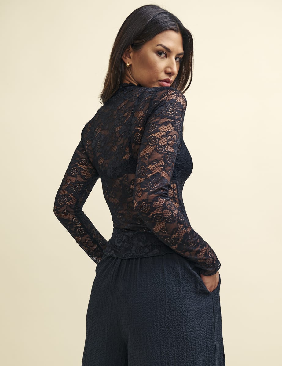 Black Lace Long Sleeve Funnel Neck Top