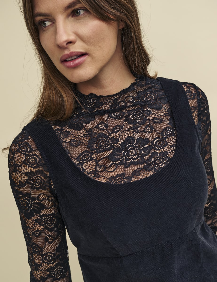 Black Lace Long Sleeve Funnel Neck Top