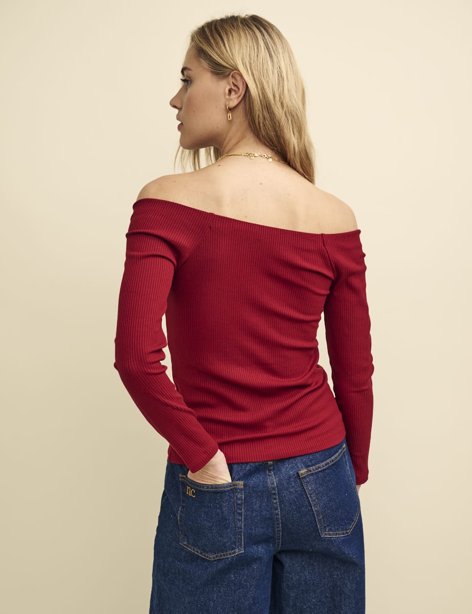 Red Long Sleeve Bardot Top