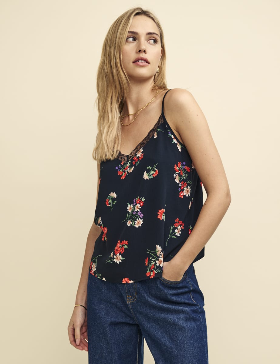 Black Wildflower Lace Trim Cami Top